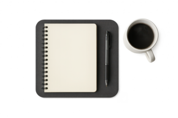 Notebook, pen, coffee cup isolated on transparent background, minimalist.