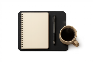 Office essentials: notebook, pen, coffee mug isolated on transparent background, top view