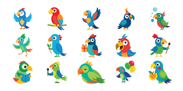 Collection of 15 adorable cartoon parrots in various poses and party outfits
