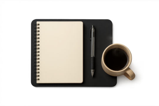 Office essentials: notebook, pen, coffee mug isolated on transparent background, top view