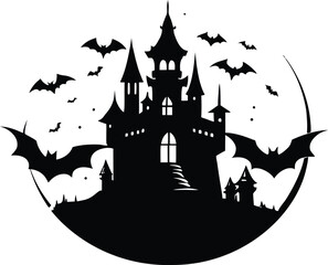Spooky Castle With Bats And Moon Silhouette