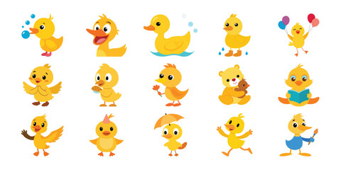 Collection of cute yellow ducklings in various adorable poses and activities