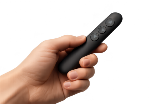 A person's hand holding a black presentation clicker isolated on transparent background.