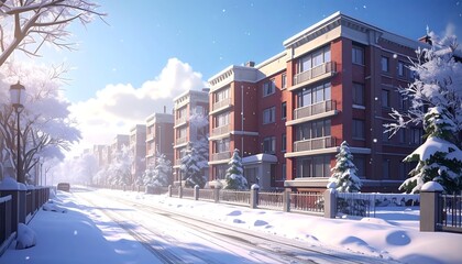 Fototapeta premium Winter cityscape with snow-covered apartment buildings