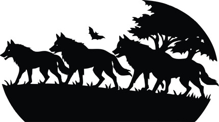 Naklejka premium Spooky Wolf Pack Crossing Misty Field Silhouette
