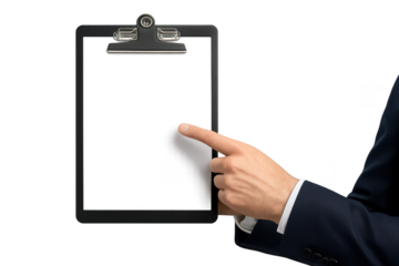 Hand pulls blank paper from clipboard, isolated on transparent background.