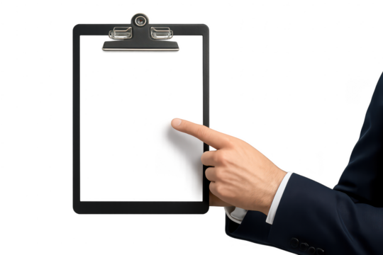 Hand pulls blank paper from clipboard, isolated on transparent background.