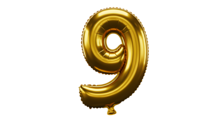 Gold Number Nine Balloon shimmers on a black background. Use this for party decorations, posters, branding mockups.