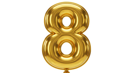 Shiny gold balloon number 8 gleams against black background. Ideal for birthday celebration, anniversary posters, and digital design.
