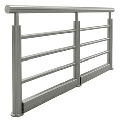Industrial-style metal guardrail with vertical supports and brushed metallic finish, captured in a clean technical composition emphasizing structure and durability