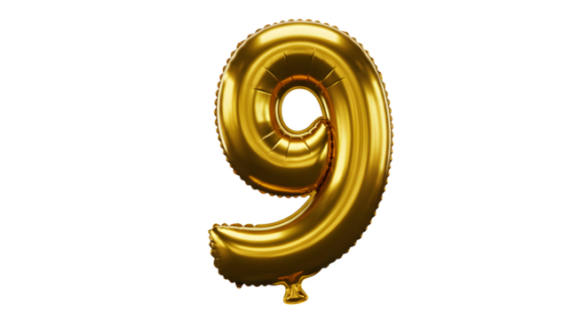 Gold Number Nine Balloon shimmers on a black background. Use this for party decorations, posters, branding mockups.