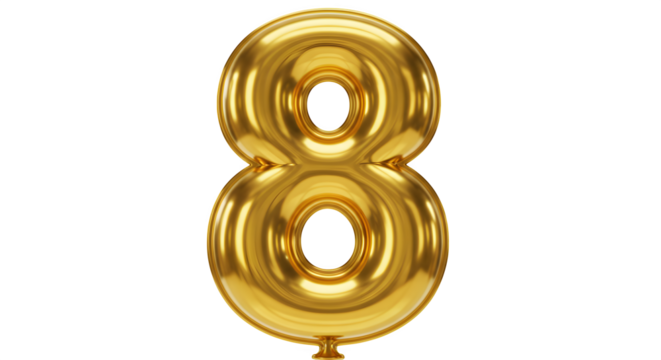 Shiny gold balloon number 8 gleams against black background. Ideal for birthday celebration, anniversary posters, and digital design.