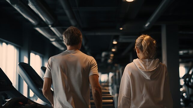 Mature couple walking together between treadmills in bright modern gym. Active lifestyle, health and fitness motivation for adults