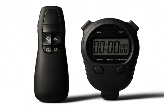 Black presentation remote and stopwatch isolated on transparent background.