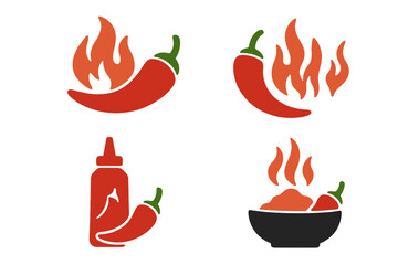 Spicy chili pepper icons set with flames, hot sauce bottle, and steaming spicy food bowl, vector illustration with transparent background, fiery heat and flavor concept