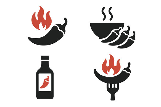 Spicy chili pepper icons set with fire, hot sauce bottle, steaming bowl, and fork, vector illustration for spicy food, hot flavor, seasoning, and culinary heat concept