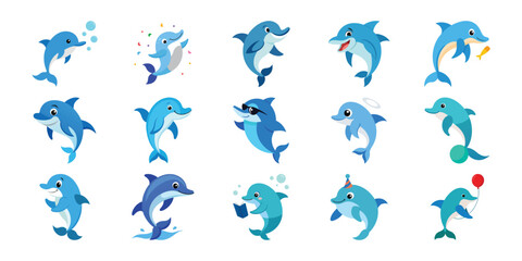 Collection of playful cartoon dolphins in various poses and actions underwater and jumping from water