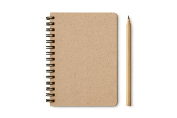 Kraft paper spiral notebook and wooden pencil isolated on transparent background