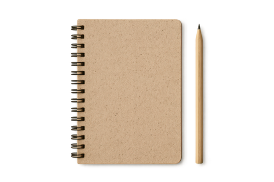 Kraft paper spiral notebook and wooden pencil isolated on transparent background