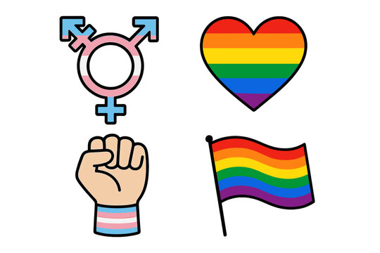 Transgender and LGBT rights symbols vector set, rainbow heart and flag, pride fist with transgender wristband, equality and inclusivity icons, transparent background illustration - Powered by Adobe