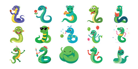 Naklejka premium Collection of adorable cartoon snakes in various fun poses and outfits celebrating different occasions