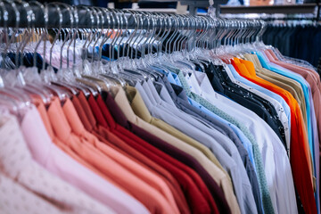 A colorful rack of men's dress shirts neatly hung on transparent hangers, featuring a range of soft...
