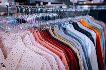 A colorful rack of men's dress shirts neatly hung on transparent hangers, featuring a range of soft pastels, bold hues, and subtle patterns in a fashion store.