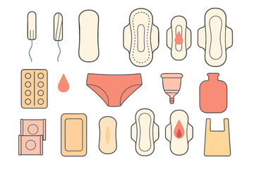 Women period vector icon set. Feminine hygiene flat design. Tampon, pad, menstrual cup, pills, panty, hot water bottle. Gynecology products for menstruation, pms, woman health.