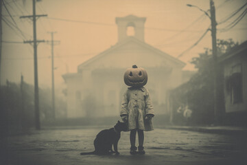 Misty vintage sepia Halloween horror scene with girl in pumpkin mask, black cat and church