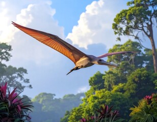 Prehistoric pterosaur soaring through a lush, vibrant jungle
