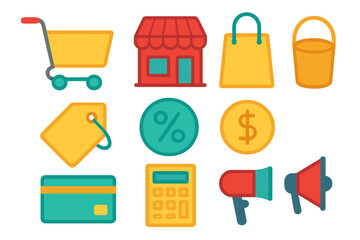 Shopping icon set. E-commerce concept. Retail, sale, discount, payment. Vector illustration. Online store symbols. Cart, bag, credit card, price tag. Web, app, UI, UX.