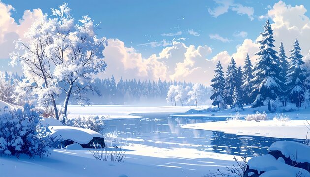 Winter landscape with snow-covered trees and a frozen river - Powered by Adobe