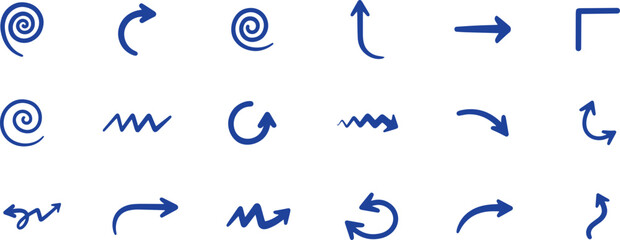 Collection of hand drawn blue arrows and symbols isolated on a transparent background, representing direction, movement, and abstract concepts in a simple, graphic style