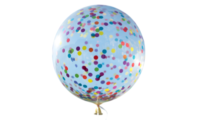 Light blue balloon filled with colorful confetti floats against black backdrop for birthday, celebration graphics, social media, or festive web design.