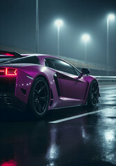 A futuristic purple luxury car parked at night on wet asphalt street under bright lights at night