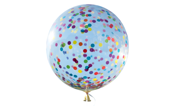 Light blue balloon filled with colorful confetti floats against black backdrop for birthday, celebration graphics, social media, or festive web design.