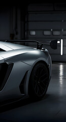 A silver exotic supercar photographed in garage highlighting rear spoiler and metallic shine
