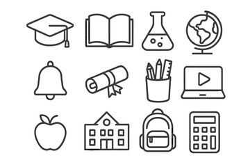 Education and school line icon set. Collection of learning symbols like graduation cap, book, globe, backpack, and calculator for web and mobile design. Vector illustration.