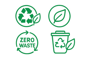 Zero waste and recycling vector icon set. Eco-friendly, sustainable lifestyle concept. Green ecology symbols with leaf, recycle sign and trash can for environmental design.