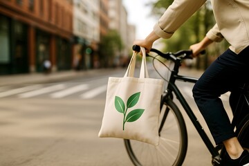 Riding Bicycle with Reusable Shopping Bag in Urban Environment for Sustainable Lifestyle