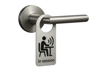 Brushed metal door handle with 'in session' hanger isolated on transparent background