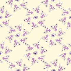 Magic seamless pattern with constellations, sun, moon, magic eyes, clouds and stars. Mystical esoteric background for design