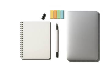 Notebook, laptop, marker, sticky notes isolated on transparent background, top view