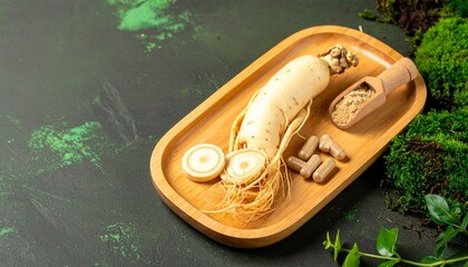Fresh Ginseng Root, Slices, Powder, and Capsules on a Wooden Tray with Natural Green Background