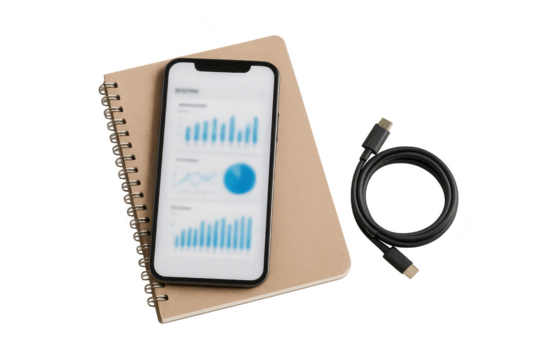 Isolated smartphone, notebook, USB-C cable on transparent for business.