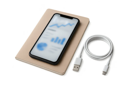 Smartphone, notebook, USB cable. Isolated on a transparent background. - Powered by Adobe