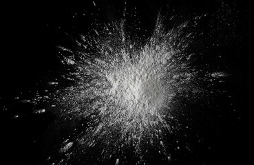 Pile white powder isolated on black background, top view with clipping path	