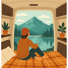 Obraz premium A peaceful van life moment as someone looks at a tranquil mountain lake from a snug camper interior, ideal for adventure and travel vibes