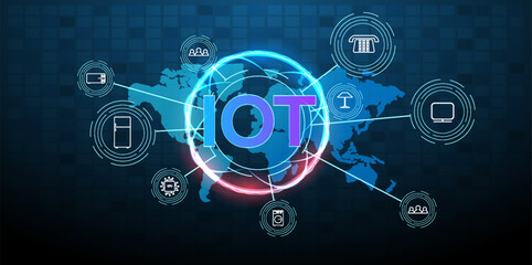 Connecting devices around the world in the Internet of Things with various icons depicting smart technology