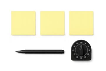 Yellow sticky notes, marker pen, and timer isolated on transparent background